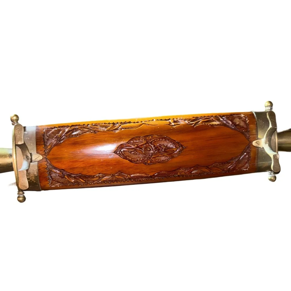 Vtg Hand Carved Wood Brass India Carving Knife Fork Set Sheath Stand Collectible